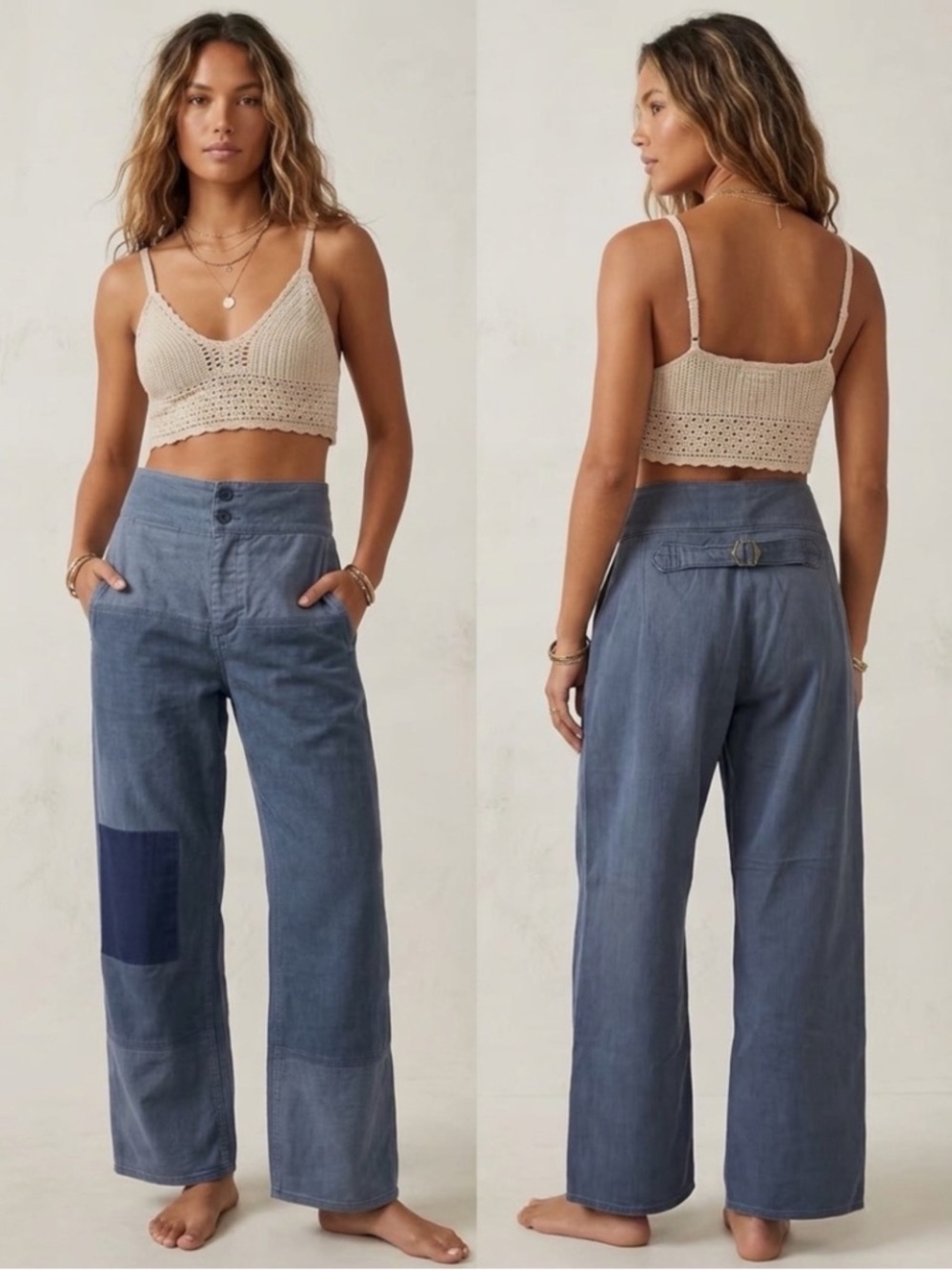 NWT Free People x Sandrine Rose French Worker Wide Leg Patchwork Linen Jeans  31